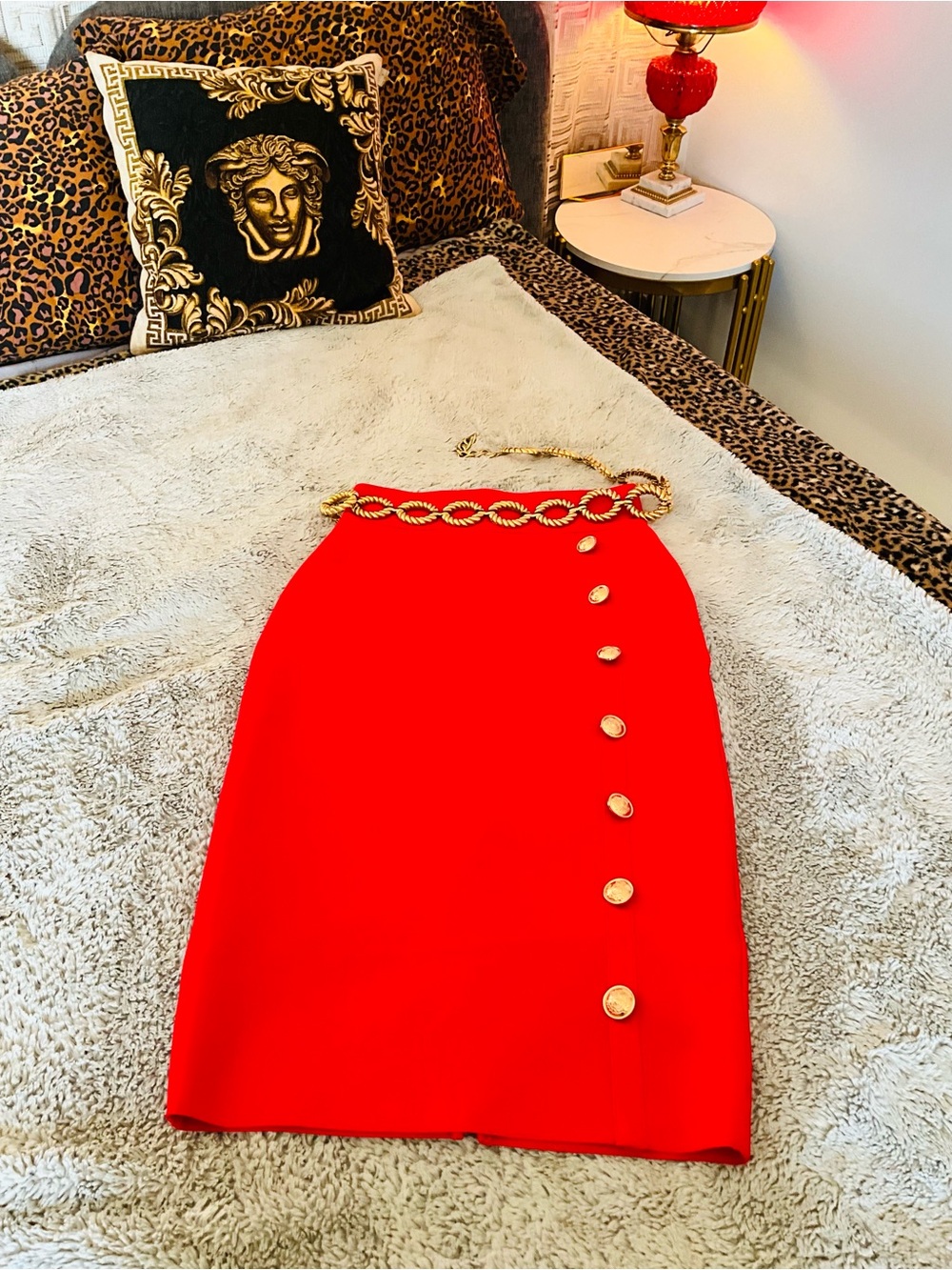 Red Gold Button Pencil Skirt - Picture 7 of 14
